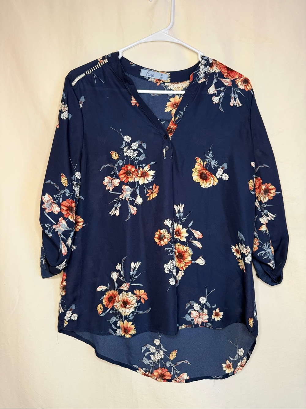 Cato Navy Floral Split-Neck Blouse with Orange Blooms